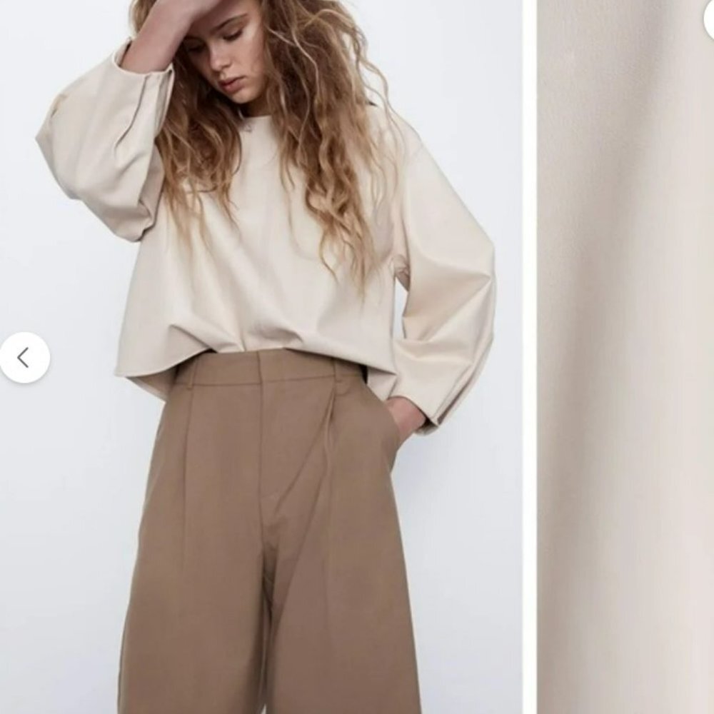 Zara Cream Beige Faux Leather Long Sleeve Oversized Fit Top Blouse Size XS